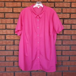 Woman Within Short Sleeve Button Up Shirt 2X Hot Pink Cotton Lightweight 26 / 28